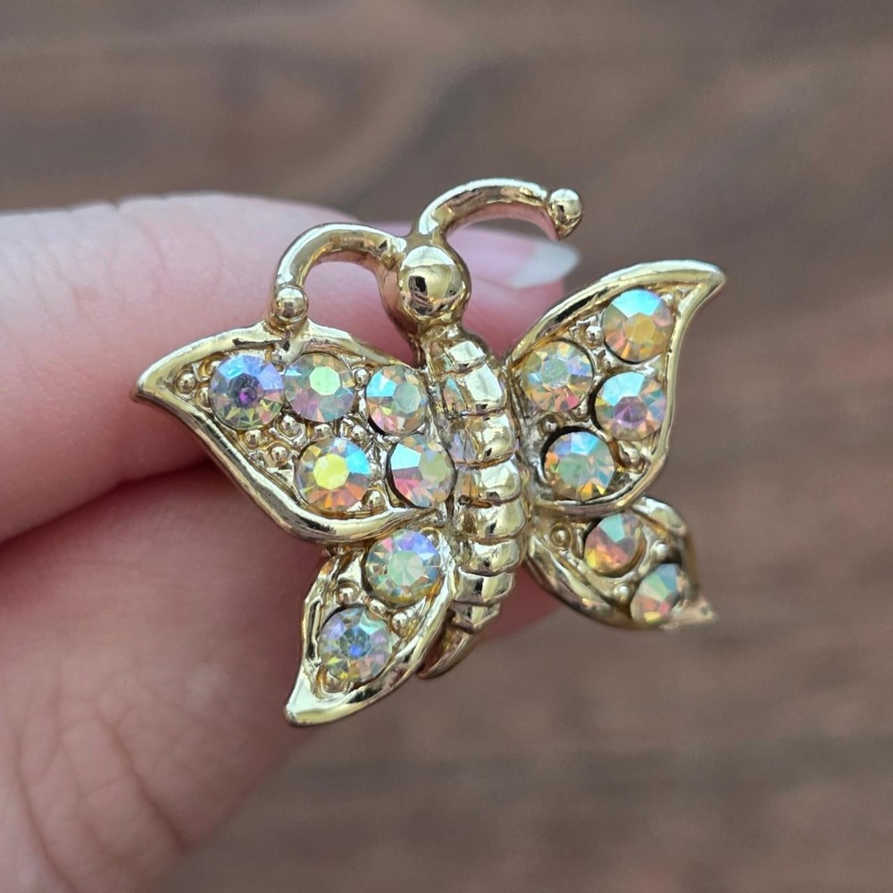 Vintage Aurora Borealis Rhinestone Butterfly Brooch Pin Gold Tone Mid Century